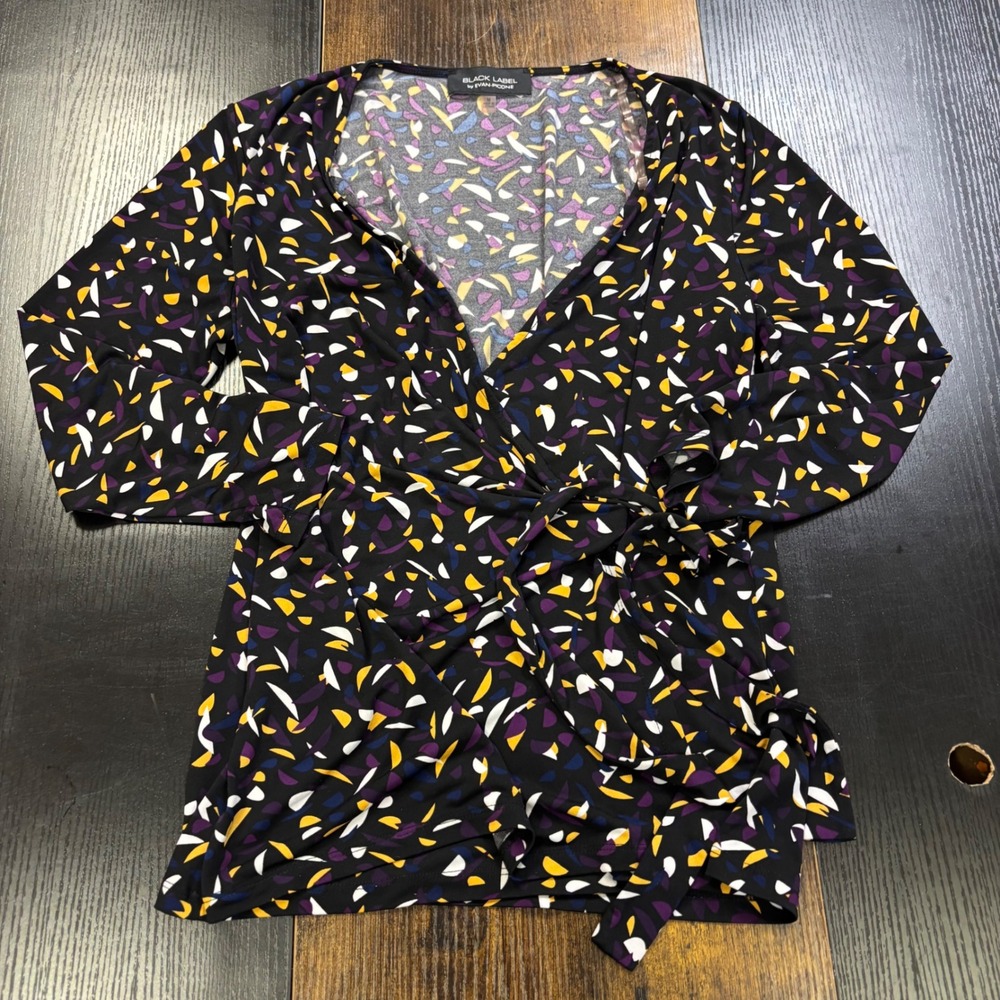 Black Label by Evan-Picone Wrap Top Abstract Geometric Long Sleeve Shirt Black M